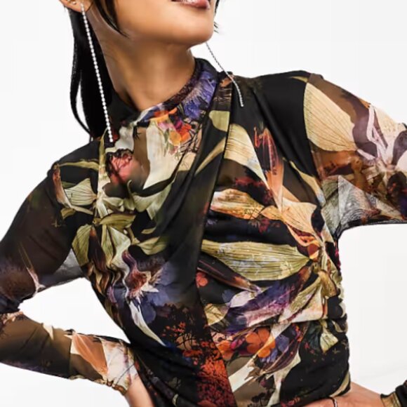 AllSaints Tia Tippi Dress NWT Tropical Floral Print Asymmetrical Midi size 4 - Picture 3 of 10